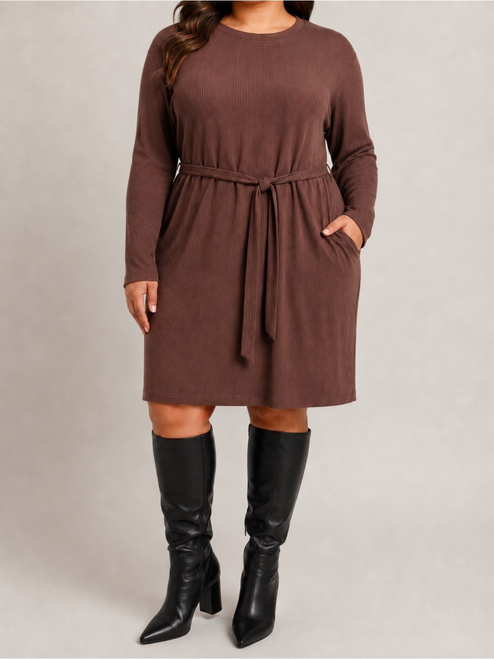 Modern Ambition Ribbed Tie-Waist Dress with Pockets, Cotton Blend, XXLg